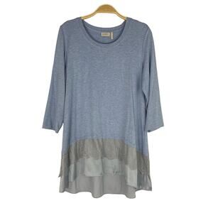 LOGO by Lori Goldstein Tiered Tunic Top Women Size M Blue Lagenlook Grandmacore